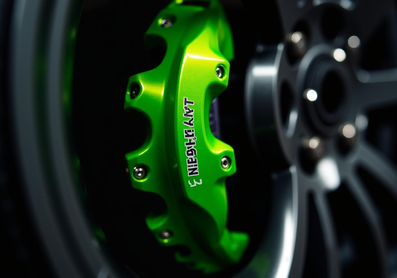 Close up of a high-performance brake caliper and alloy wheel