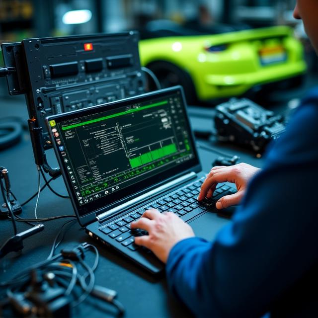 Specialist technician performing ECU remapping on a high-performance vehicle