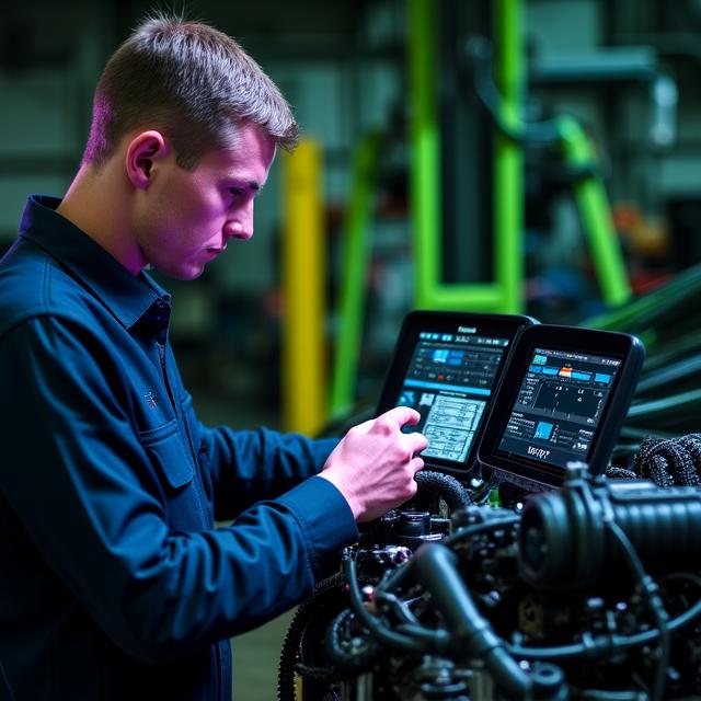 Automotive engineer reviewing diagnostic logs